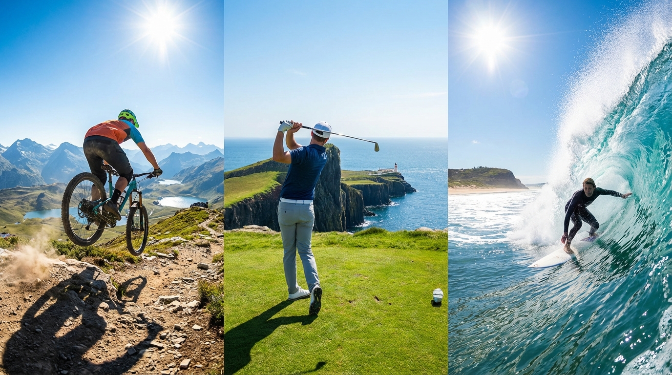 Individual outdoor sports including cycling, golf, and surfing - ideal use cases for Soloshot 3+