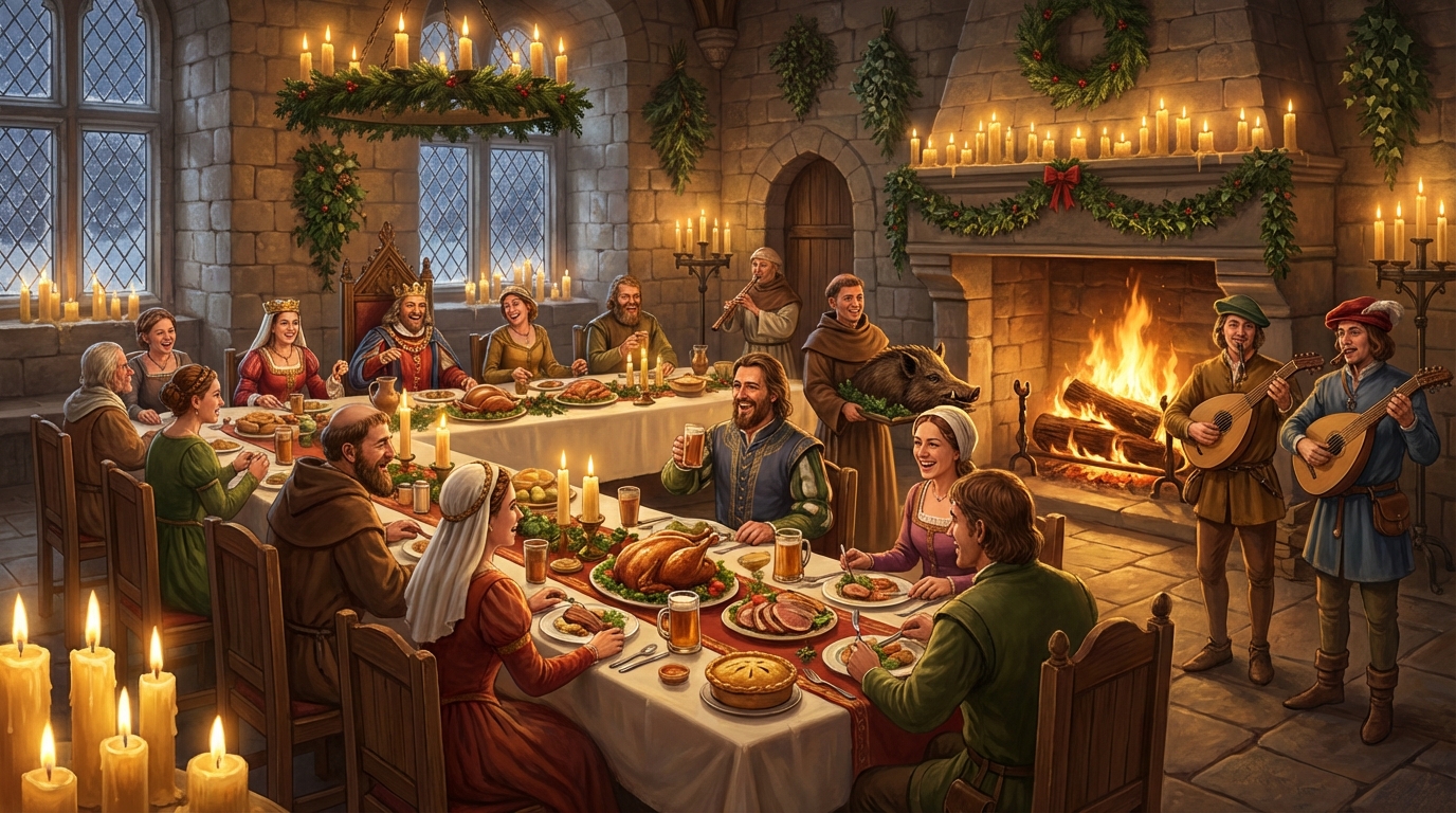 Medieval Christmas celebration with people feasting and celebrating