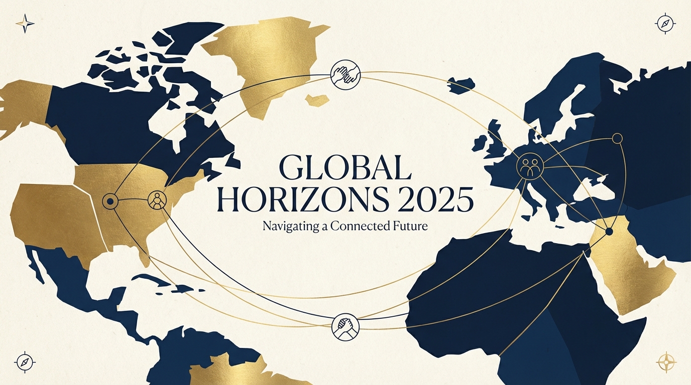 Global political landscape illustration showing interconnected world regions