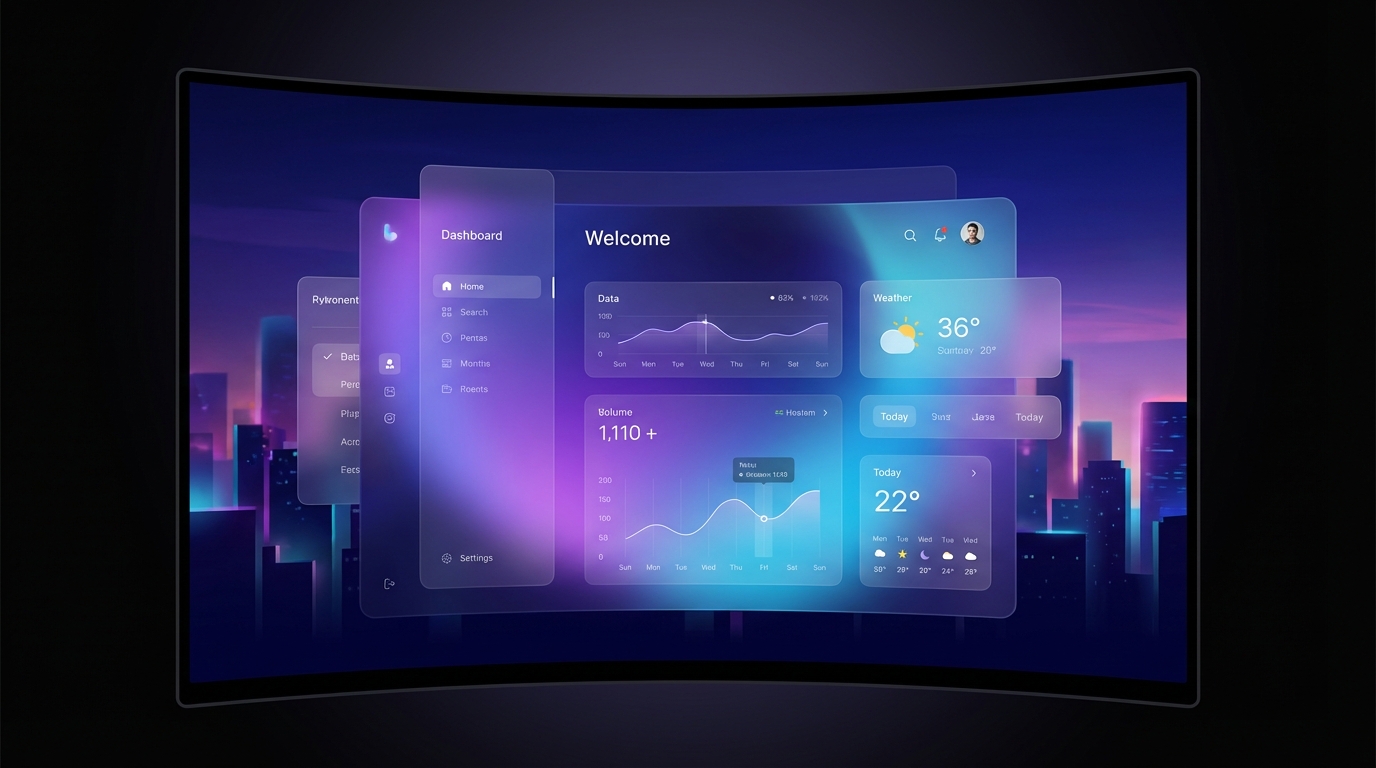 Modern UI design with glass-morphic elements and gradient effects