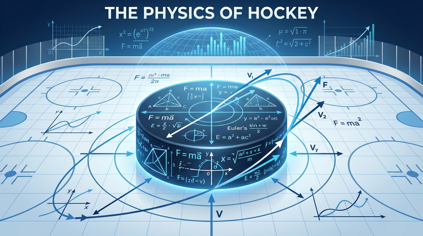 Hockey puck with mathematical formulas and trajectory curves on ice