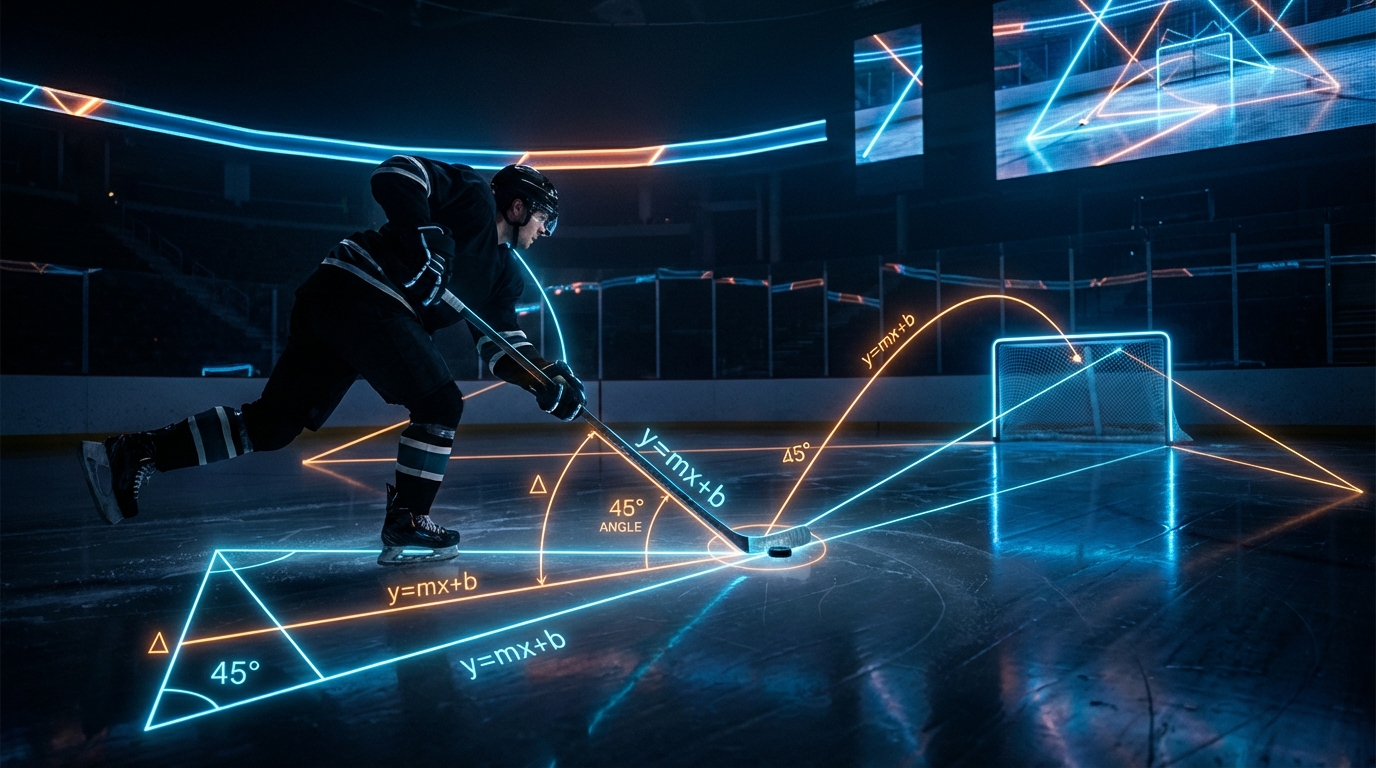 Hockey geometry visualization showing shooting angles and distances with neon overlays