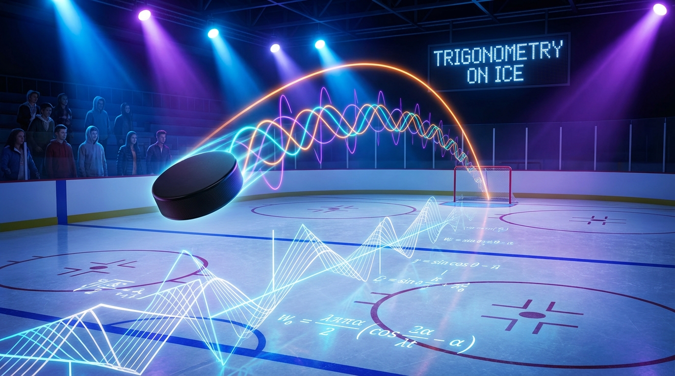 Trigonometry functions visualized through hockey puck trajectory with sine and cosine waves