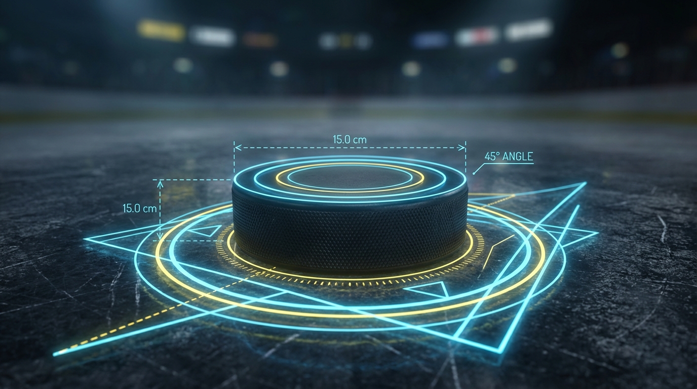 Hockey puck with geometric shapes and distance measurements in neon colors