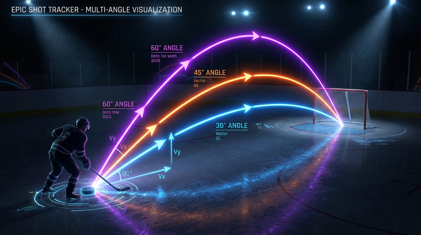 Multiple hockey shot trajectories showing different launch angles with trigonometric analysis
