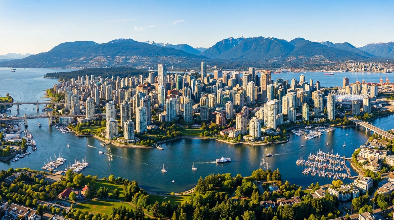Aerial view of Vancouver with downtown, mountains, and ocean