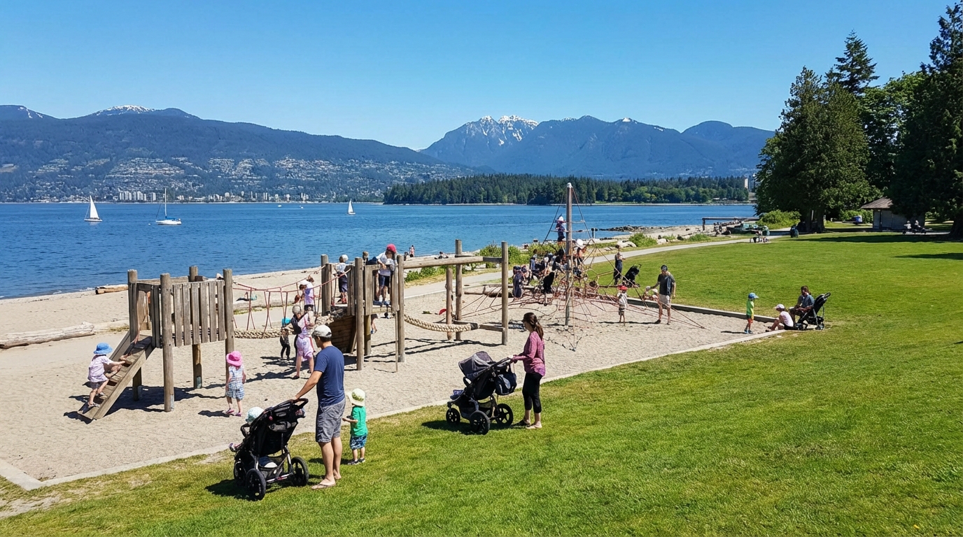 Waterfront park in North Vancouver with playground and families