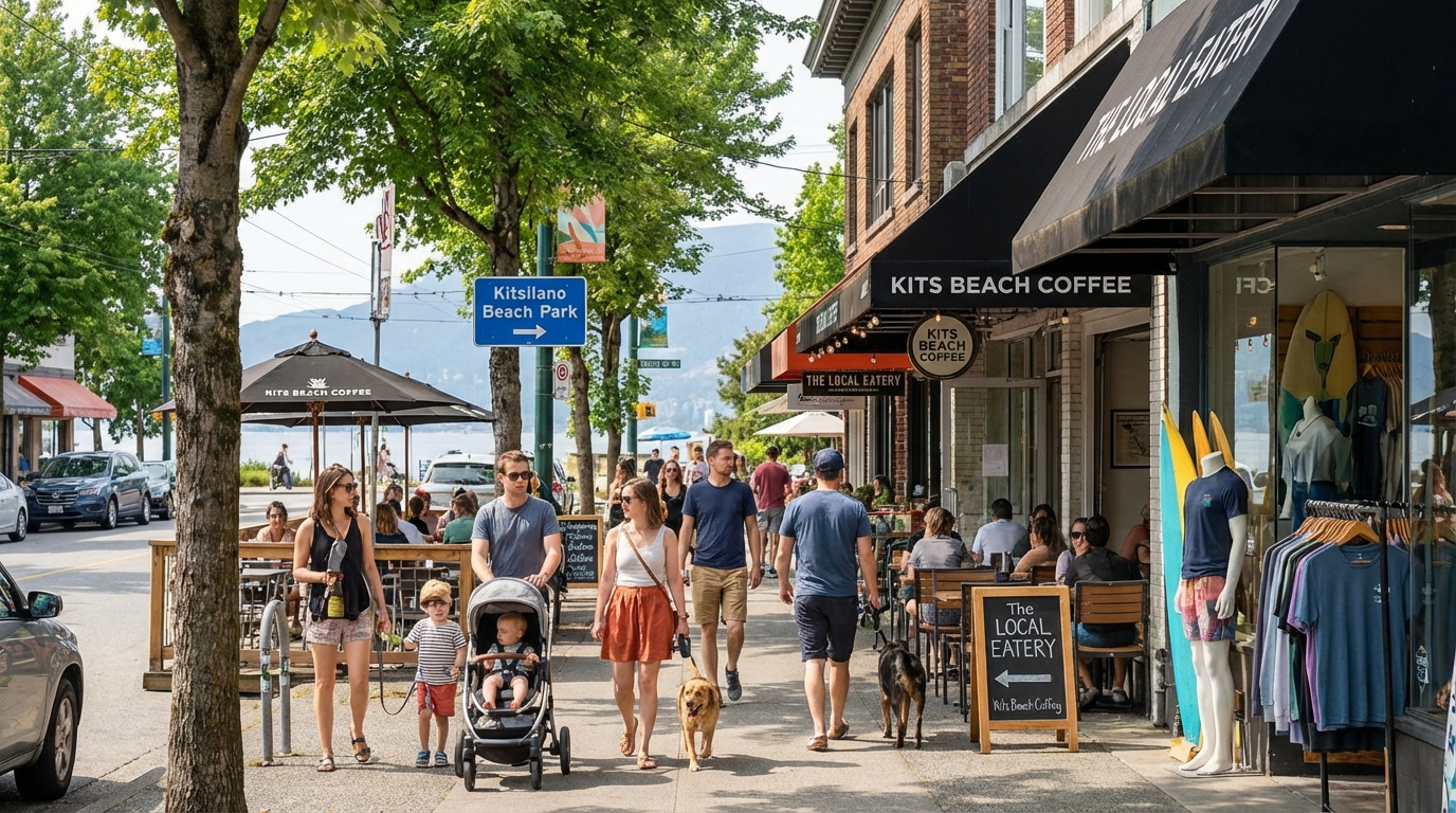Kitsilano neighborhood street with shops and families