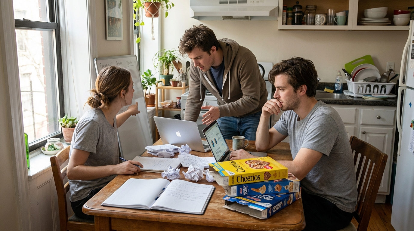 Founders brainstorming in modest apartment setting