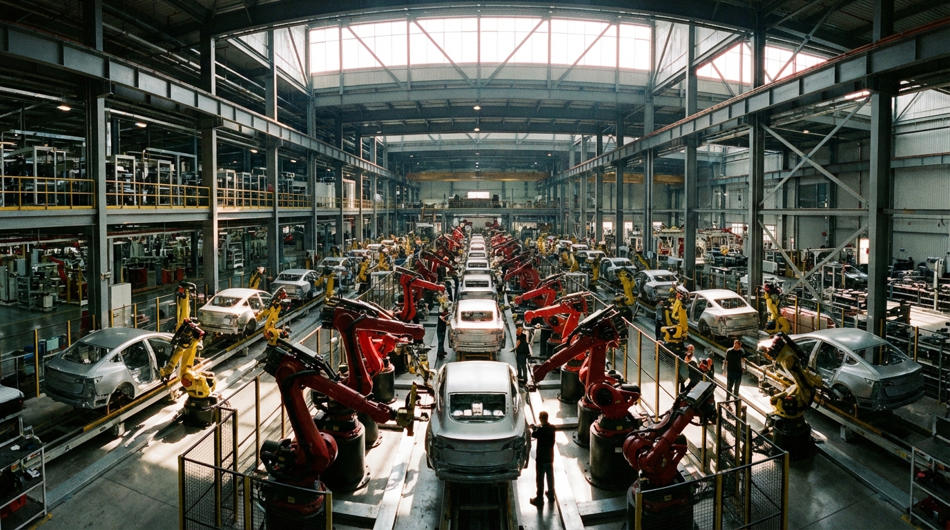 Tesla manufacturing facility showing production line scaling operations