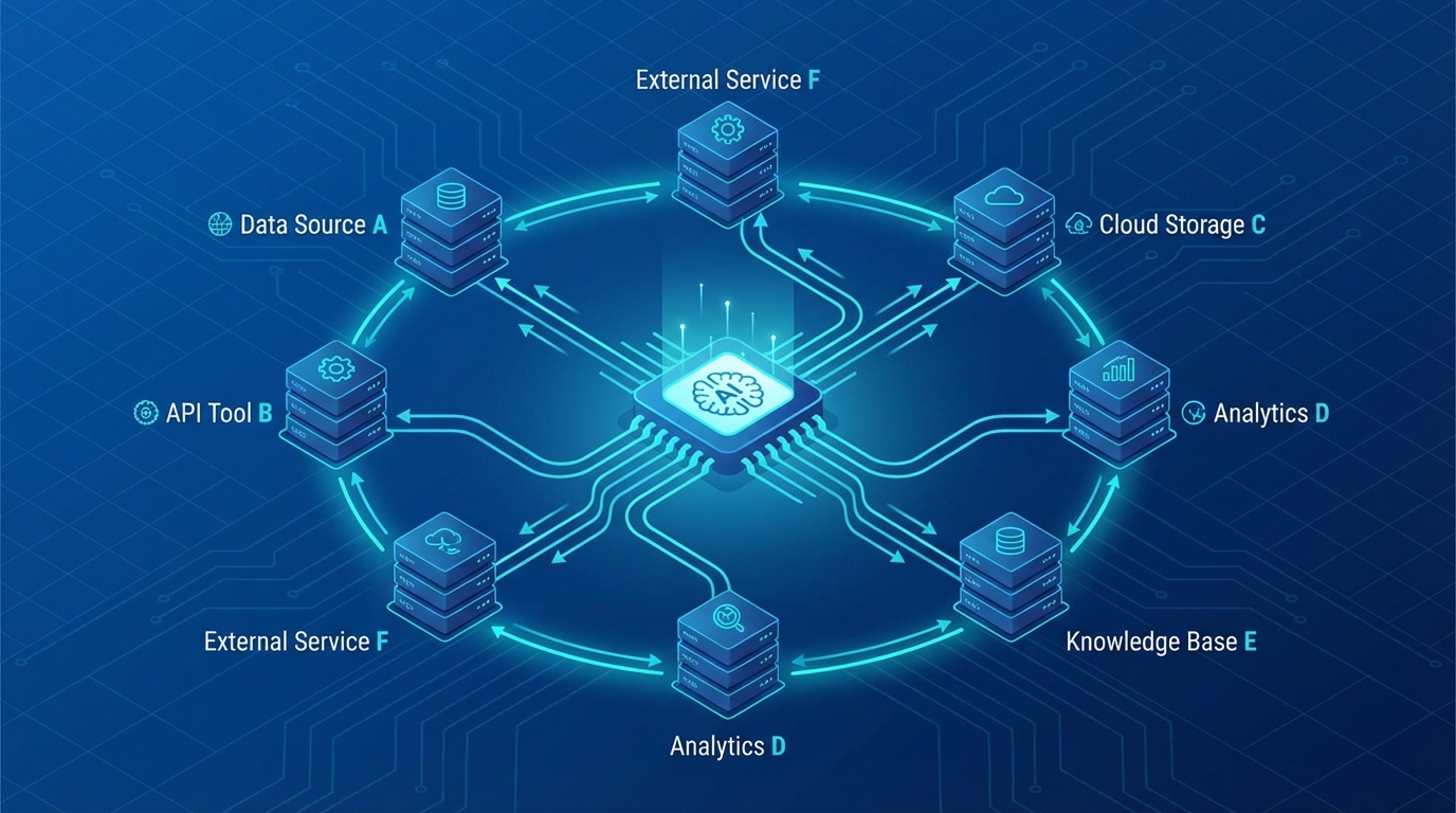 MCP architecture diagram showing AI agent connected to multiple servers